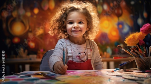 A little girl sitting at a table with a paintbrush. Generative AI.