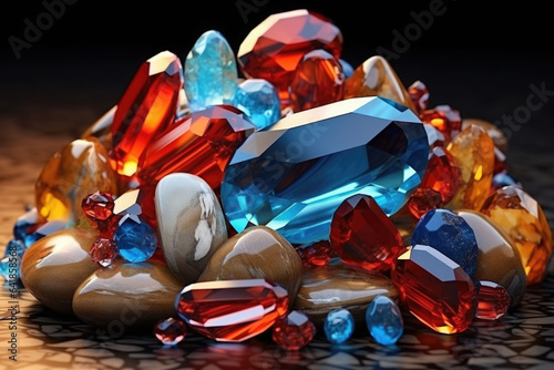 A pile of colored gemstones. Collection mix of gemstones jewelry on dark background. Generative AI photo