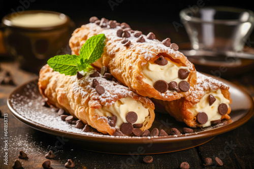 Cannoli, crispy pastry tubes filled with sweet ricotta cheese and adorned with chocolate chips