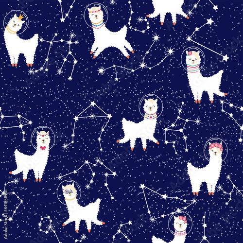 Seamless pattern with lama in a rocket, in space. Lama travels, adventures among the stars. Cute pattern with alpaca