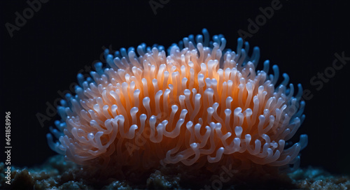 Closeup photography of a stunning sea anemone set against a deep black backdrop  perfect for marine research and ocean conservation campaigns.