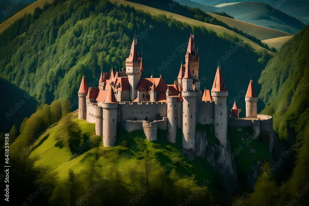 Enchanting castle nestled amidst rolling hills and a magical forest - AI Generative