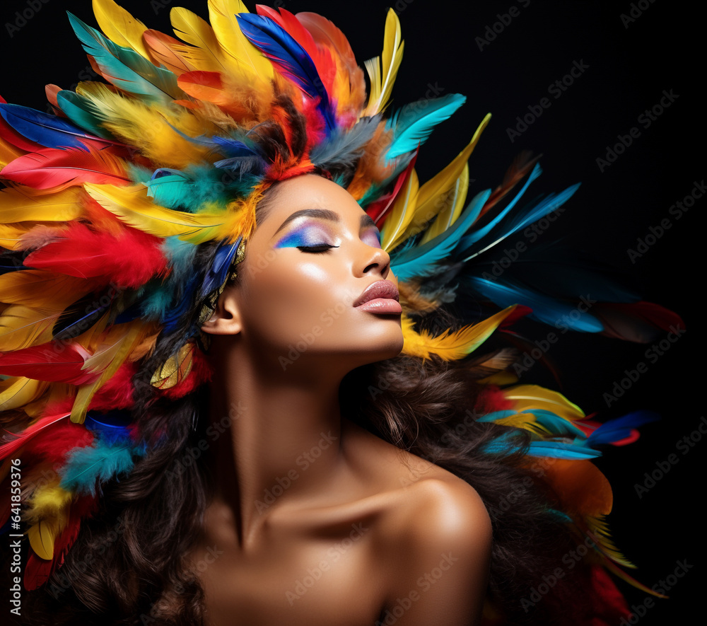 portrait woman with colorful feathers made with generative AI