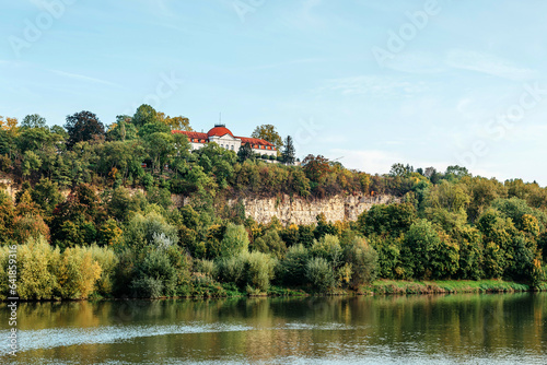 Autumn Landscape - River And Shores With Trees, Bushes And City Houses Marbach Am Neckar. Panoramic Aerial View Of The River In A City Park. Deciduous Trees, Golden Leaves. Autumn Landscape. Ecology