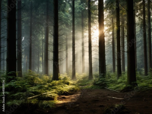 A path through a forest with sun shining through the trees. Generative AI.