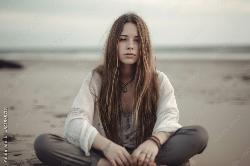 Photo of a beautiful young woman who sits cross-legged in a lotus position on a sandy beach overlooking the sea