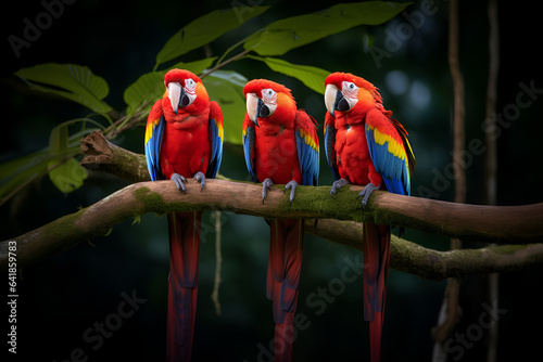 Three Scarlet Macaw Parrots Rest on a Branch In Costa Rica
