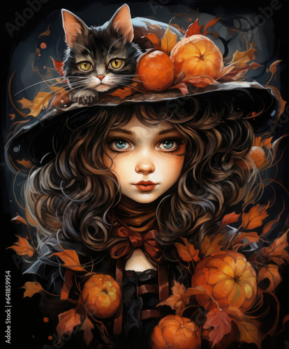 Little Witch with Cat and Pumpkins Halloween Watercolor Illustration 