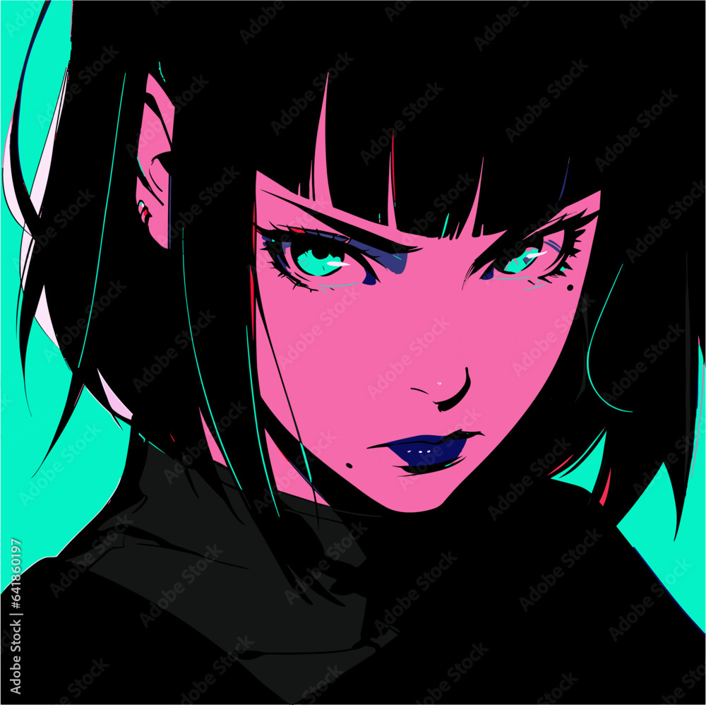 Obraz premium Dark-haired angry cool anime woman with short haircut. Retro comic book style vector illustration.