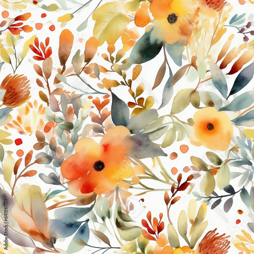Fall Floral Pattern. Watercolour. Seamless Tile Pattern. Created with generative AI.