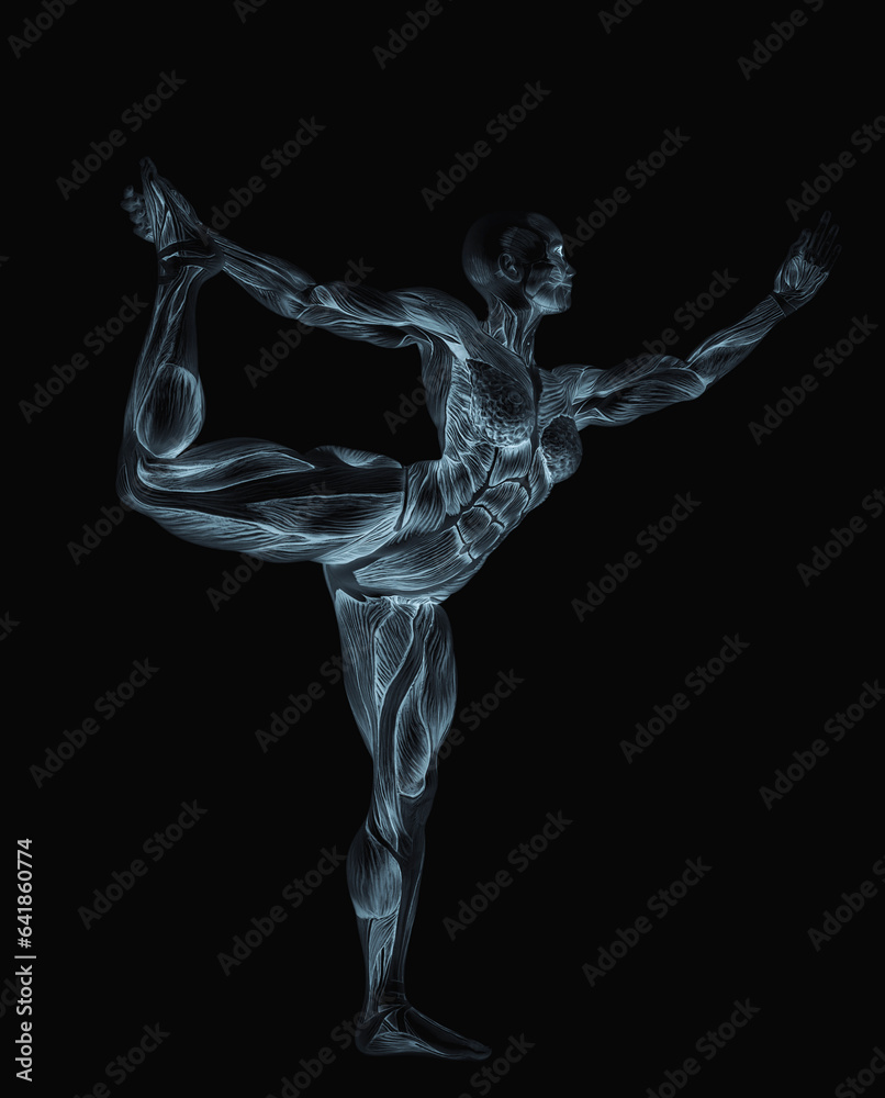 female bodybuilder is doing a standing bow yoga pose in white background female bodybuilder is doing a standing bow yoga pose in white background
