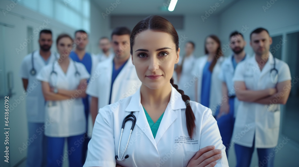 Fototapeta premium Team of healthcare workers, doctors with ID badges inside hospital