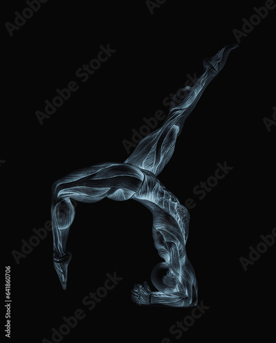 female bodybuilder is doing a scorpion with crow yoga pose in white background