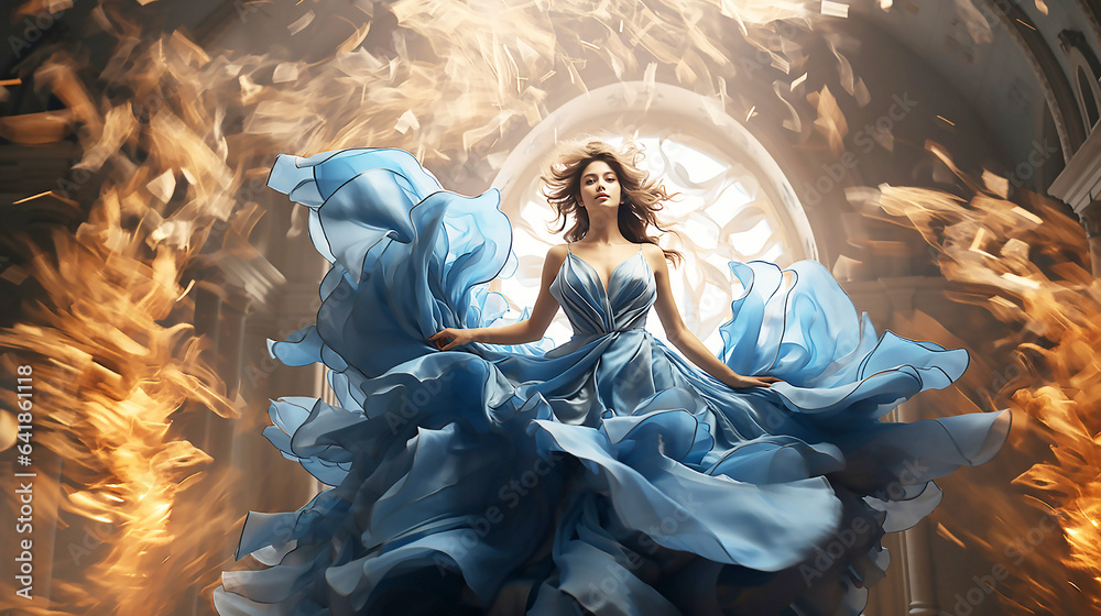 Woman in Blue Dress Flying on Wind, Beautiful Model Arms outstretched enjoying Freedom  in Fantasy Gown as Butterfly