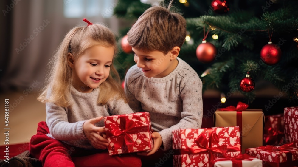 Children sit in front of a decorated Christmas tree and smile and undo the bows on the wrapped Christmas presents. Generative AI Children sit in front of a decorated Christmas tree and smile and undo the bows on the wrapped Christmas presents. Generative AI