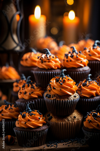 Black and orange Halloween chocolate cupcakes tower. Vertical, close-up, side view. © Iryna