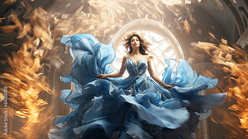 Woman in Blue Dress Flying on Wind, Beautiful Model Arms outstretched enjoying Freedom in Fantasy Gown as Butterfly