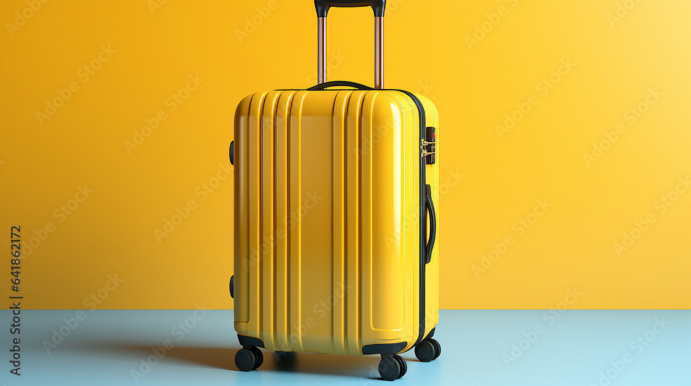 Small yellow polycarbonate suitcase isolated on blue background. 3d render travel concept of baggage or luggage Small yellow polycarbonate suitcase isolated on blue background. 3d render travel concept of baggage or luggage