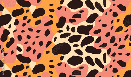 Retro texture animal print seamless pattern combined with striking black and pink shapes, echoing the 60s and 70s, perfect for clothing and home deco.

