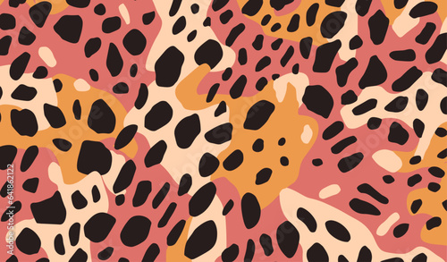 Retro texture animal print seamless pattern adorned with bold black and pink shapes  harking back to the 60s and 70s  suitable for clothing and home deco. 
