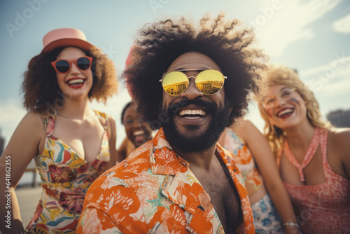 Diverse group of people enjoying a day at the beach, radiating confidence in their swimsuits and celebrating body positivity. Generative Ai