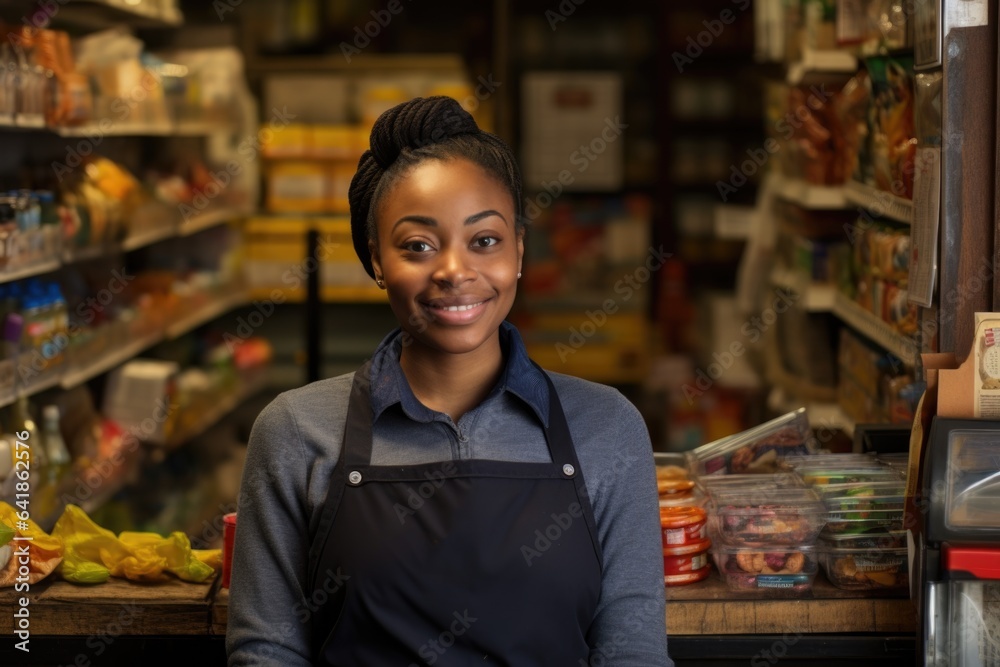 Smiling portrait of a young african american woman working as a cashier or clerk in a bodega store in New York