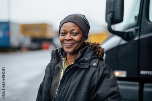 Portrait of a middle aged female trucker working for a trucking company and standing next to her truck in the US or Canada