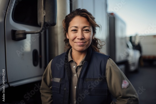 Portrait of a middle aged female trucker working for a trucking company and standing next to her truck in the US or Canada