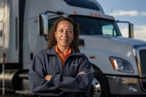 Portrait of a middle aged female trucker working for a trucking company and standing next to her truck in the US or Canada