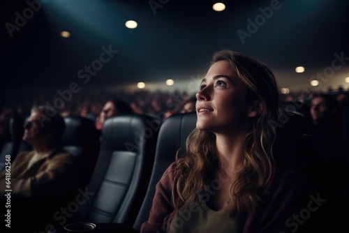 Young caucasian woman watching a movie in a movie theater