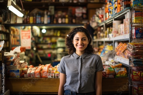 Stampa su tela Portrait of a young woman working as a cashier or clerk in a bodega store in New