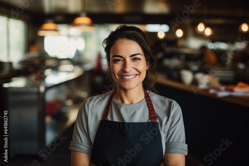 Smiling portrait of a middle aged caucasian female chef working in a restaurant kitchen