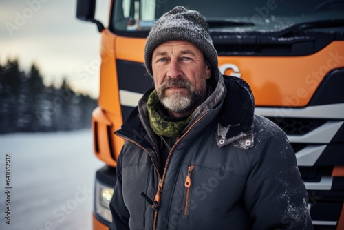 Smiling portrait of a middle aged caucasian truck driver standing next to his truck during winter in the US or Canada