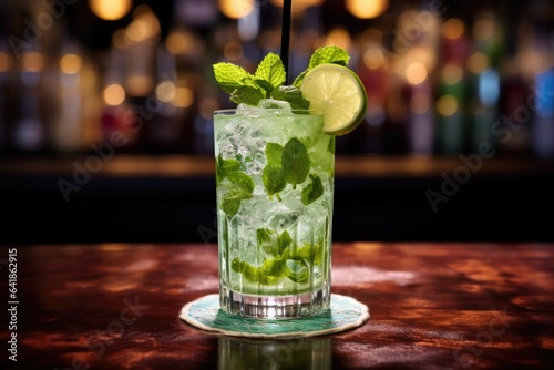 Fresh mojito cocktail made and served in a bar or restaurant with ice