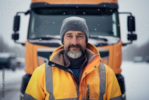 Smiling portrait of a middle aged caucasian truck driver standing next to his truck during winter in the US or Canada