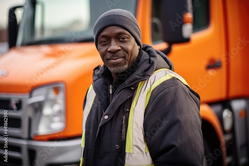 Portrait of a middle aged african truck driver standing outside of his truck