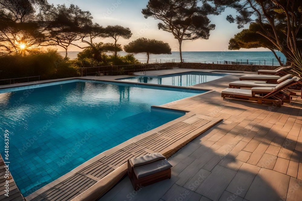 Swimming pool with infinity edge, scale on the side opposite the infinity edge - AI Generative Swimming pool with infinity edge, scale on the side opposite the infinity edge - AI Generative