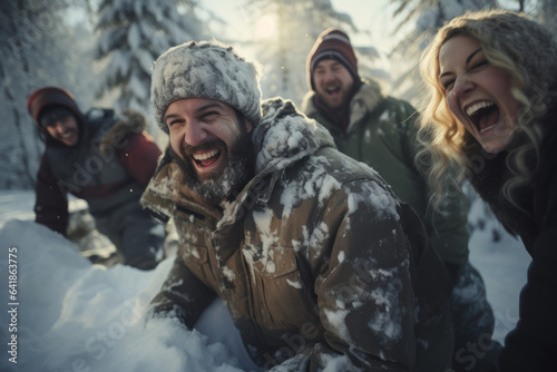 A group of friends gears up for a snowball fight, relishing the friendly competition and laughter during a classic winter activity. Generative Ai.