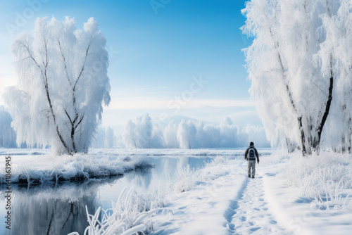 A person captures the serene beauty of a frozen river as they cross-country ski alongside its banks, enjoying the tranquility of the winter landscape. Generative Ai.