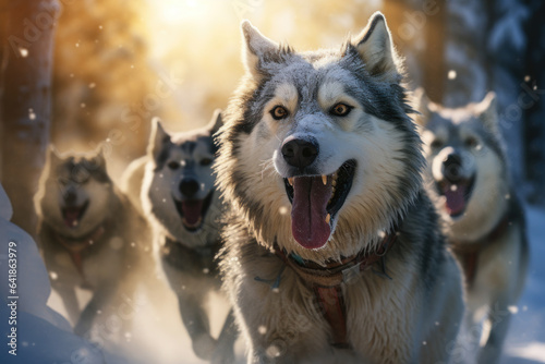 A person enjoys the rush of dog sledding, steering a team of enthusiastic huskies through a snow-covered trail. Generative Ai.