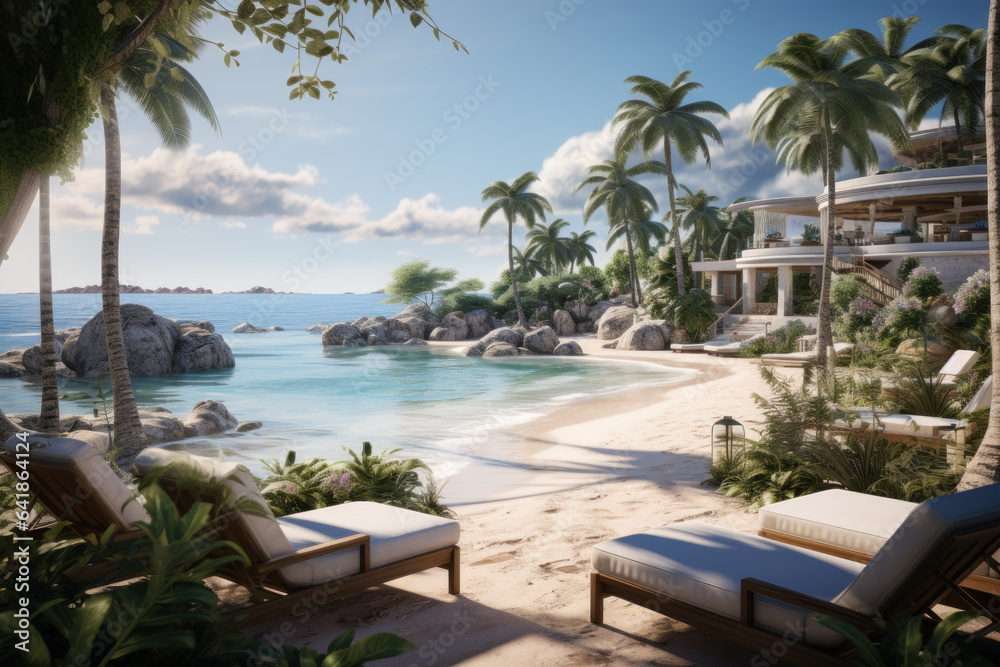 A resort pool overlooks a pristine beach, inviting guests to unwind and bask in the lavishness of seaside living. Generative Ai.
