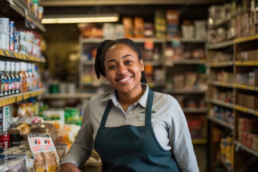 Smiling portrait of a young african american woman working as a cashier or clerk in a bodega store in New York