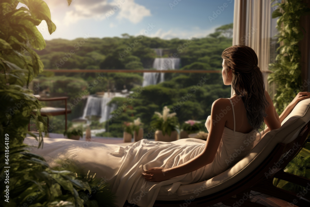 A person lounges on a private balcony overlooking lush gardens, basking in the serenity and opulence of resort living. Generative Ai.