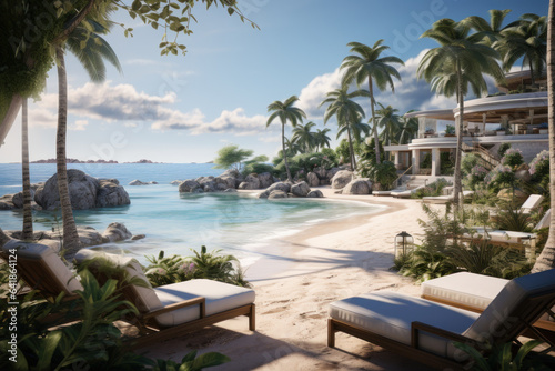 A resort pool overlooks a pristine beach, inviting guests to unwind and bask in the lavishness of seaside living. Generative Ai.