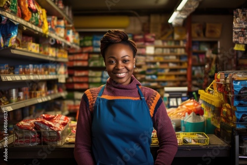 Foto Smiling portrait of a young african american woman working as a cashier or clerk