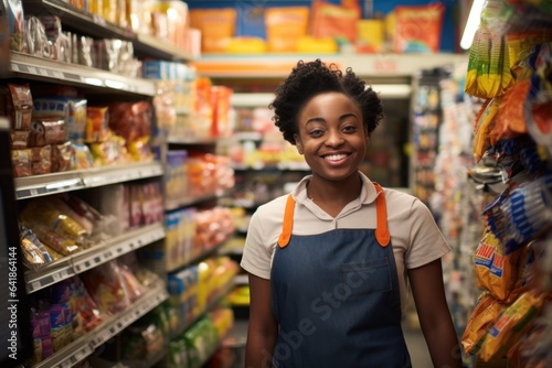 Fotografering Smiling portrait of a young african american woman working as a cashier or clerk
