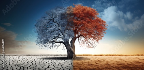 lonely tree in middle of dry ground, plant in desert, seasons change concept, generative AI