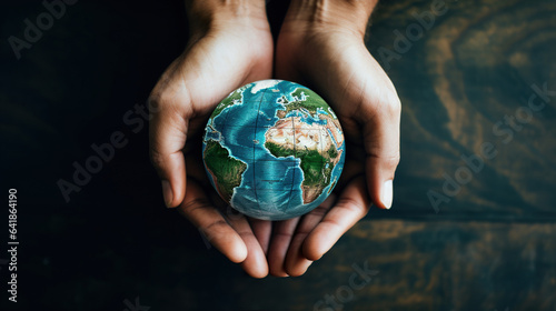person holding planet Earth in hand, planet care and environmental conservation concept, ecology and climate change, generative AI
