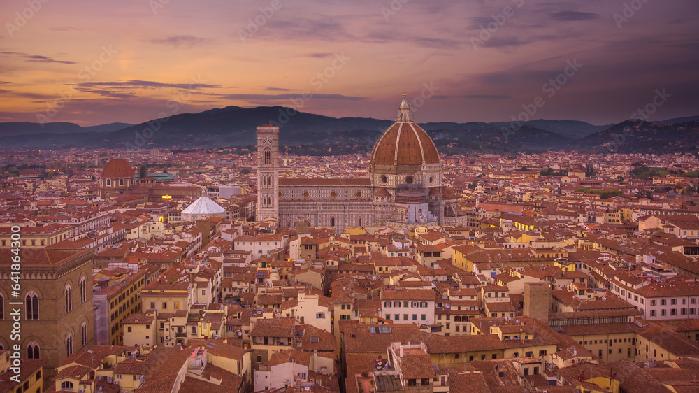 Panoramic View of Florence City and Cathedral from Arnolfo Tower, Italy