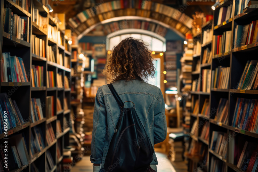 A person browses shelves filled with books at a cozy independent bookstore, immersing in the welcoming atmosphere of a third space. Generative Ai. A person browses shelves filled with books at a cozy independent bookstore, immersing in the welcoming atmosphere of a third space. Generative Ai.